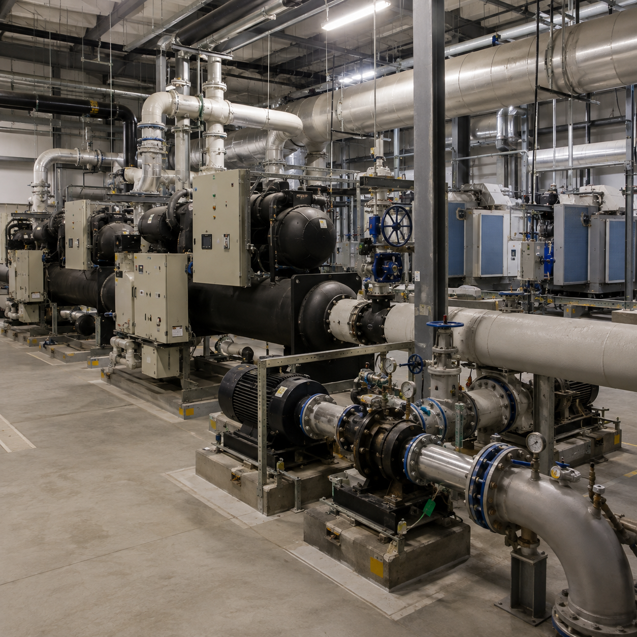 Commercial chilled water plant room with centrifugal chillers and header pumps