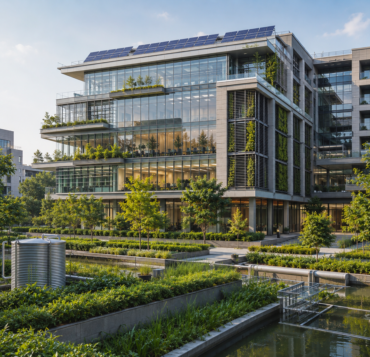 Eco-friendly green office building design facade representing benefits of sustainability
